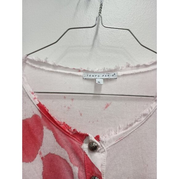 Tempo Paris Womens Tunic Top Size XL White Red Tie Dye Henley Long Sleeve Hippie - Picture 3 of 6